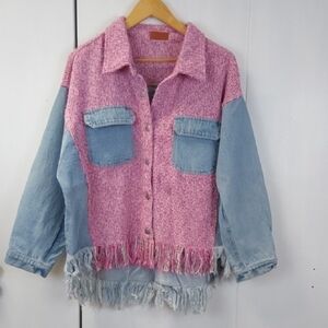 Umgee Womens Denim Blue/ Pink Shaket   / Jacket Fringe Western Cowgirl Sz. XL